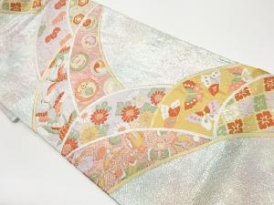 リサイクル　群鶴に宝尽くし・花・蝶・古典柄模様織出し袋帯